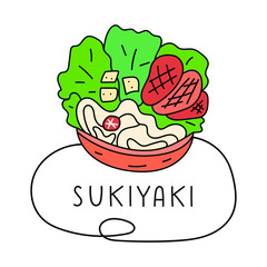 Japanese dish - sukiyaki. Vector hand drawn illustration. Concept for cafe, restaurant.