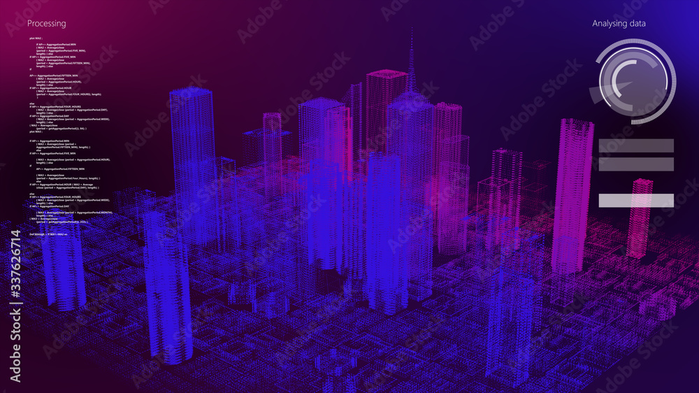 Wall mural smart world technology digital smart city 3d architecture building hologram with monitor screen user
