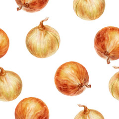 Onion hand drawn watercolor illustration. Seamless pattern.