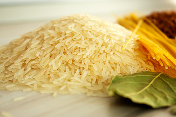food: rice, buckwheat, spaghetti on the table