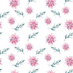 Hand drawn watercolor white pink blossom flowers and green leaves Seamless pattern on white background