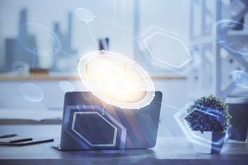 Multi exposure of blockchain and crypto economy theme hologram and table with computer background....