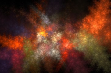 Fototapeta premium Orange green yellow fractal on black background. Abstract wallpaper. Graphic design pattern. Colorful texture.