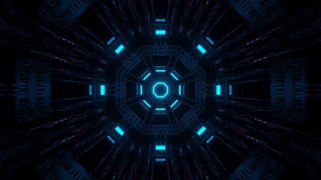 Motion graphics of immersive hollow dark space glowing with cyan color patterns in circular shape emitting from center. VJ loops.