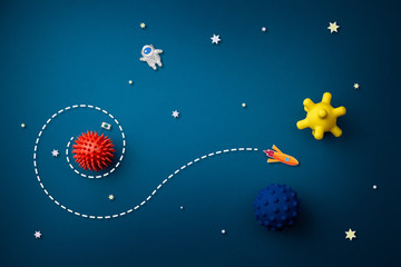 blue background with astronaut, stars and rocket