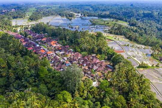 Aerial View of Tegallalang village and Rice Field Terrace, Bandung, West Java Indonesia, Asia. Royalty high quality free stock image of Bali.