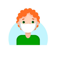 Face of a red-haired boy with freckles in mask. Cartoon portrait of a young man. Avatar character for an icon drawn by hand a simple flat. Stock vector illustration isolated on white background.
