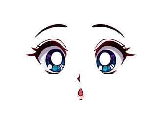 Surprised anime face. Manga style big blue eyes.