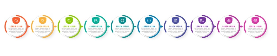 Minimal Business Infographics template. Timeline with 10 steps, options and marketing icons .Vector linear infographic with ten circle conected elements. Can be use for presentation.