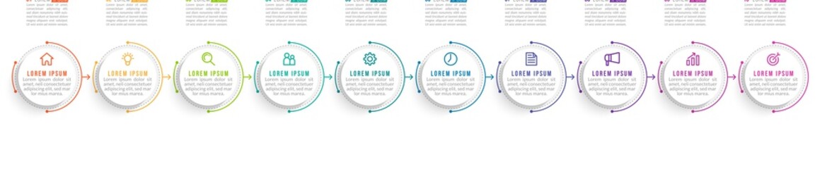 Minimal Business Infographics template. Timeline with 10 steps, options and marketing icons .Vector linear infographic with ten circle conected elements. Can be use for presentation.