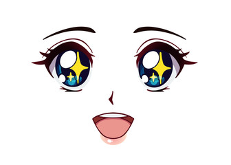 Happy anime face. Manga style big blue eyes