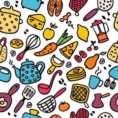 Big set of kitchen items. Doodle icons of kitchen appliances, devices for cooking, products and dishes. Hand drawn seamless pattern