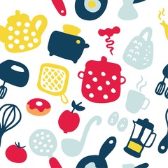 Doodle icons set of kitchen appliances and objects. Hand-drawn cooking items. Household appliances and housewares. Seamless pattern.