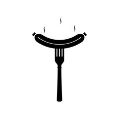 Grilled sausage smiles on fork. Vector silhouette icon on white background.
