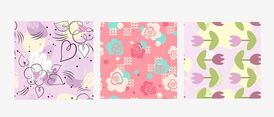Flowers in pastel colors on background. Seamless pattern with delicate floral design. Tulip in pink colors vector illustration.