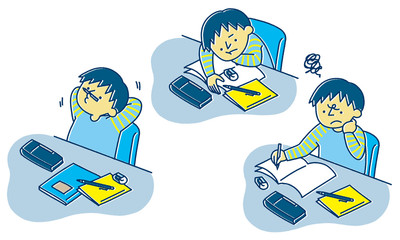 勉強に集中できない子供のイラスト（シンプルカラー）