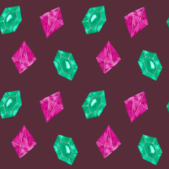 Seamless watercolor pattern crystals ruby and emerald on dark background