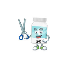 Cute Barber supplement bottle cartoon character style with scissor