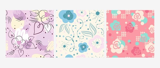 Abstract floral ornamental seamless pattern. Flowers with leaves and hearts on pastel background. Design for fabric, wrapping paper vector illustration.