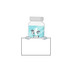 Sneaky supplement bottle cartoon character style hiding behind a board