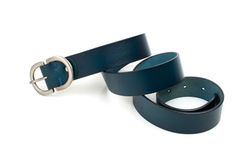 Female leather blue belt with metal buckle on a white background