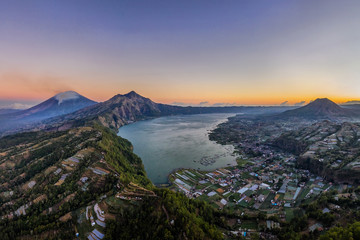 Aerial view of Indonesian volcano Batur in the tropical island Bali. panorama image of Danau Batur, Indonesia.