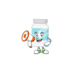A picture of supplement bottle cartoon design style speaking on a megaphone