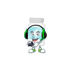 A cartoon design of supplement bottle talented gamer play with headphone and controller