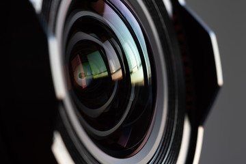 Close-up camera lens with color reflections