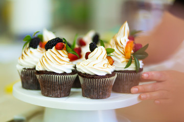 Plate with freshly baked sweet muffins. Sweet pastries, recipes, cooking