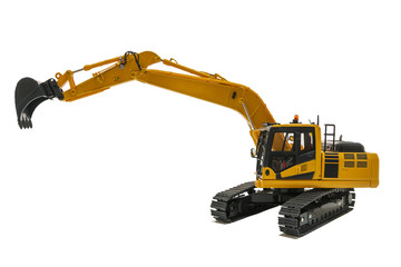  Yellow excavator  model, machinery in heavy industry with isolated on  a white background with bucket lift up