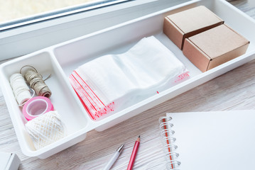 Lot of plastic zip locks on wooden office desk, small online business concept © mdbildes