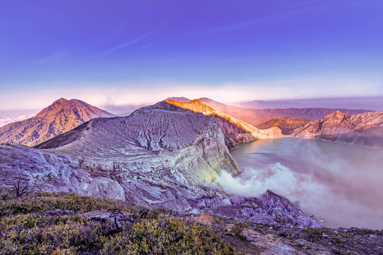 Aerial View of Kawah Ijen - Early in the Morning. The Ijen volcano complex is a group of composite volcanoes in the Banyuwangi Regency of East Java, Indonesia.