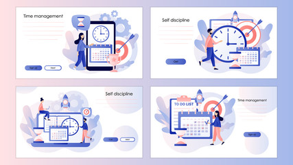 Self Discipline concept. Time management, self control. Screen template for mobile smart phone, landing page, template, ui, web, mobile app, poster, banner, flyer. Modern flat cartoon style. Vector