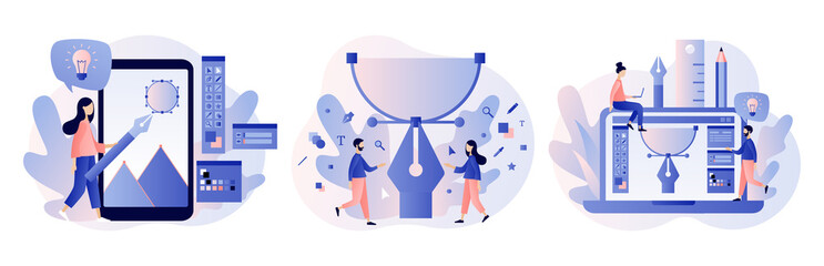 Graphic design studio. Tiny designer,  illustrators or vector artist drawing with pen in graphic editor. Designer tools. Modern flat cartoon style. Vector illustration on white background