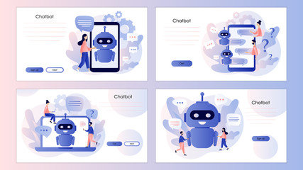 Chatbot concept. AI robot assistant, customer support. Screen template for mobile smart phone, landing page, template, ui, web, mobile app, poster, banner, flyer. Modern flat cartoon style. Vector