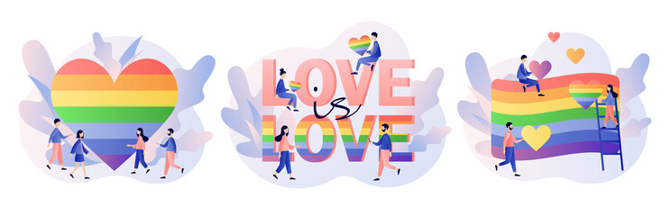 LGBT movement concept. Love is love. Tiny people with Rainbow coloured flag and hearts. Love parade. Modern flat cartoon style. Vector illustration on white background