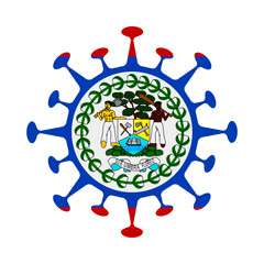 Belize flag in virus shape, symbolizing COVID-19 impact.