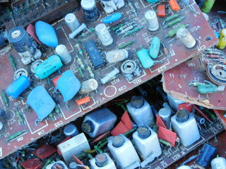 
Scrap radio components: a board on which many different elements