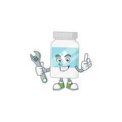 A mechanic supplement bottle mascot character fix a broken machine