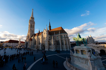 View of the Matthias Church located in front of the Fisherman Bastion. Hungary, Budapest