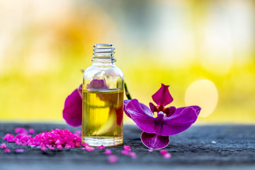 Essential oils and medical flowers herbs on bokeh background.