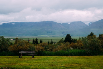bench next to the observation deck in the north of iceland in summer