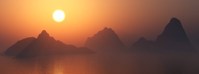 Fototapeta na wymiar Rock islands at sunset in the fog, sea sunset among the rocks, 3D rendering