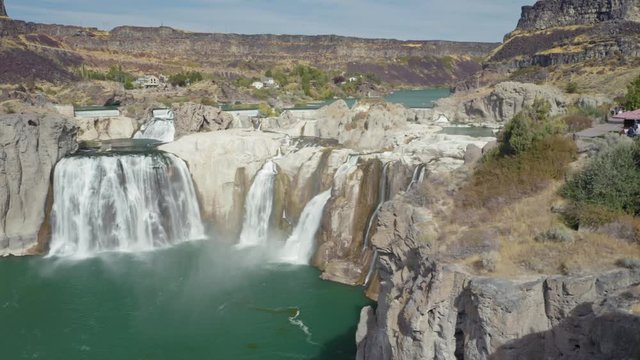 Aerial flying over waterfalls at Shoshone Falls in Twin Falls, Idaho