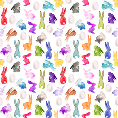 Watercolor pattern illustration of Easter hunt. Hand painted eggs, bunnies in colorful silhouettes isolated on white background.