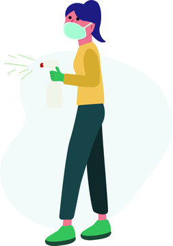 Illustration of busy woman cleaning. Flat style design