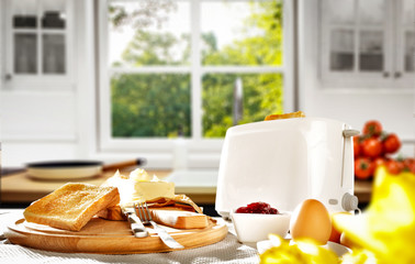 Desk of free space and blurred window background 
