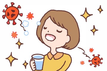 うがいでウイルス予防：医療の解説イラスト[ウイルス・社会問題を親しみやすいイラストで説明]