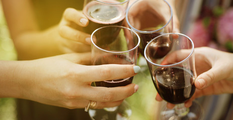 Clinking glasses with red wine and toasting. cheers glasses and